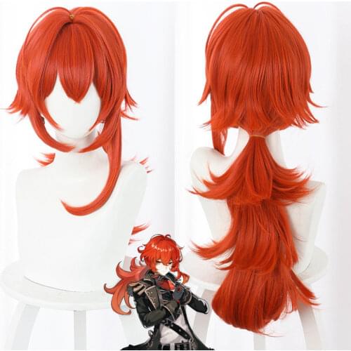 Genshin Impact Diluc Cosplay 60cm Long Red Wig Cosplay Anime Cosplay Wigs Heat Resistant Synthetic Wigs Halloween Party