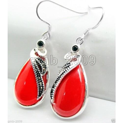 Latest Fashion 15*26mm Red CoralTibetan Silvers Marcasite Earrings