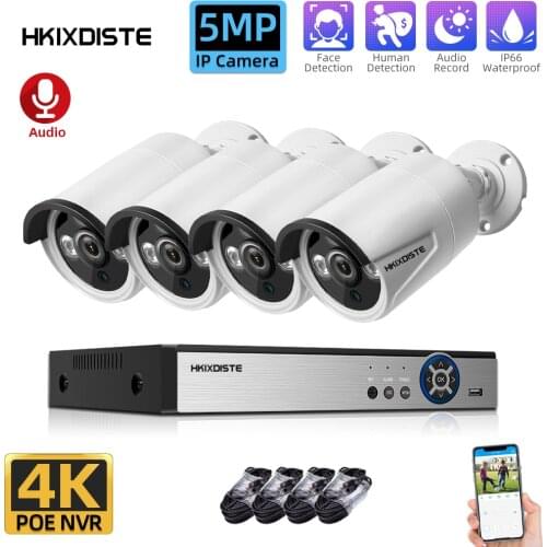 HKIXDISTE 4K 4CH Audio Record POE NVR 5MP Security Camera System Day/Night IR Outdoor Waterproof CCTV Video Surveillance NVR Set