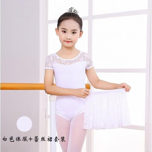 Girls Ballet Costumes Dance Dress Leotard +Skirt Set Ballerina Clothing Practice Dress Summer Short Sleeve Lace Split Skirt 2pc