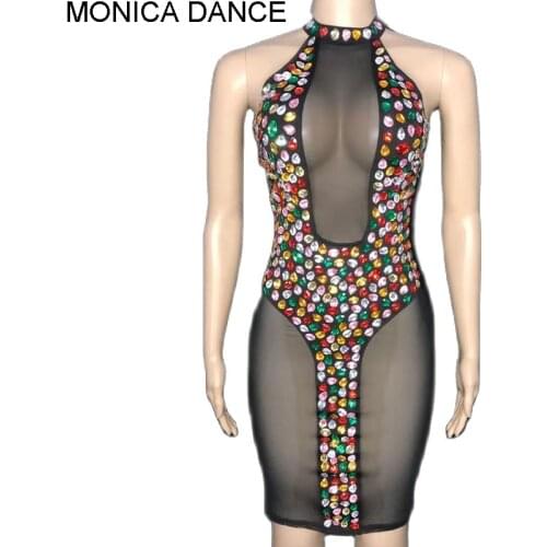 Sexy Multi-color Rhinestones Black Dress Birthday Celebrate Evening Party Transparent Dance Costume Performance Stones Dress