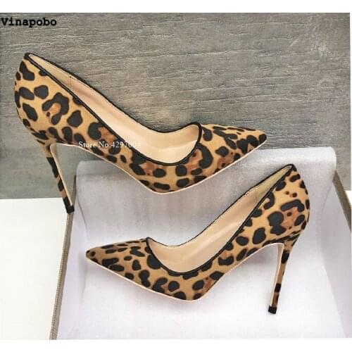 Vinapobo High Heels Leopard Shoes Women Stilettos Pumps Office Lady Pointed Toe Flock Sexy 12 cm Wedding Shoes Sapato Feminino