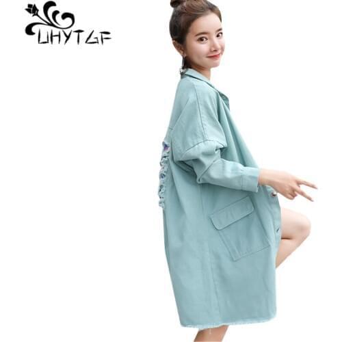 UHYTGF Women Denim Jacket Fashion Hole Bat Sleeves Elegant Spring Autumn Jeans Coat Loose Plus Size Outwear Jaqueta Feminina 277