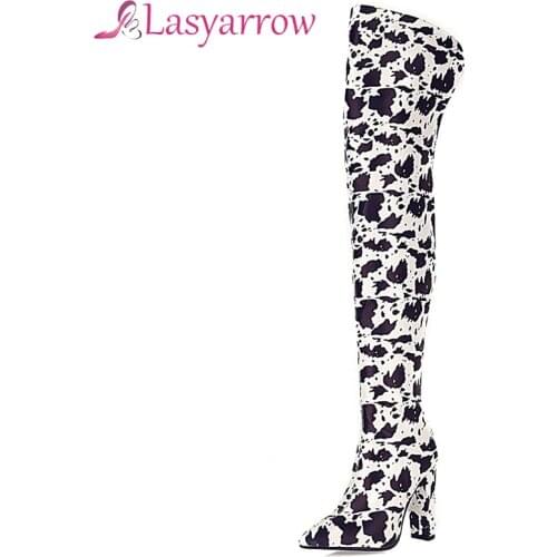 Lasyarrow Leopard Long Boots Women Thick High Heel Boot Pointed Toe Sexy club Shoes Thigh High Over-the-Knee Boots