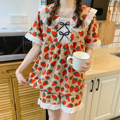 Womens White Pajamas Sets For Summer Princess Sweet Satin Silk Home Sleeping Suit Female Strawberry Print Lace Loose-fit Pajama