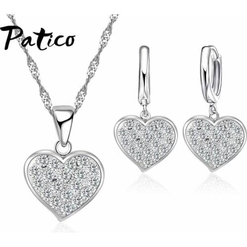 Sparkling Present Gift for Women Cubic Zircon Heart Shape 925 Sterling Silver Collar Necklace Earrings Bridal Jewelry Set
