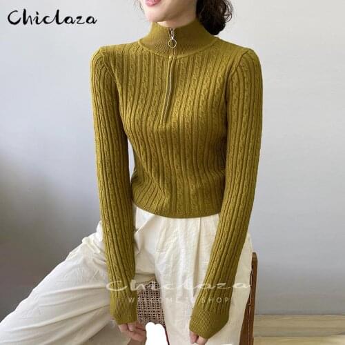 Fashion Zipper Turtleneck Sweater and Pullovers Women 2021 Solid Stretch Knitted Pullover Femme Long Sleeve Sweater Top