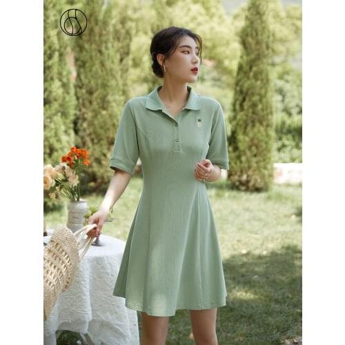 DUSHU Office Lady Womens Simple Fashion POLO Collar Dress 2021 Summer New Casual All-match Black Long Dress