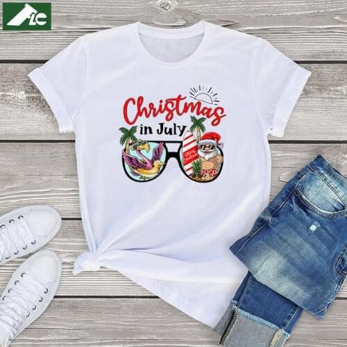 100% Cotton Christmas In July Holiday T Shirt Women clothing Beach Flamingo Graphic Tees Womens Shirts Unisex Vintage Mens Tops