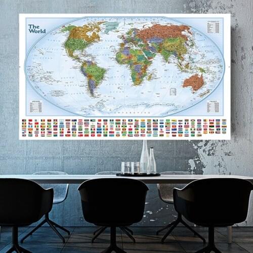 Non-woven Non-Smell World Map with National Flags World Physical Map Wall Sticker for Culture Education Office School Supplies