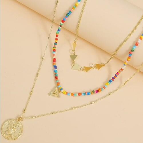 3 Pcs/Set Fashion Boho Triangle Round Coin Necklace & Pendant Women Bohemian Ethnic Handmade Beaded Metal Chain Layered Necklace
