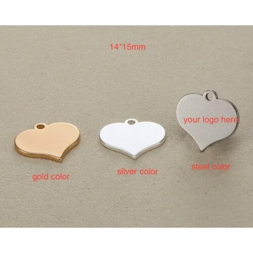 50pcs 14*15mm High Quality Stainless Steel Custom Charm Metal Charms Heart Shape Engrave Customized logo with small quantity