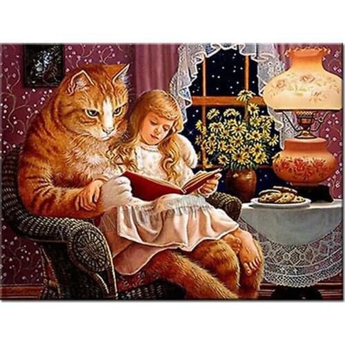 5d diy "Cats and Girls Reading"wall sticker Diamond Painting square3D Diamond Embroidery Cross Stitch Mosaics crafts Home Decor
