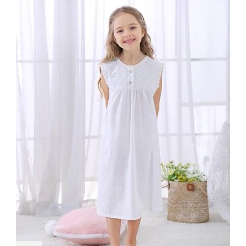 2020 Baby Girl White Summer Nightdress Embroidery Flowers Sleeveless Kids Nightgowns Sweet Princess Pajama Baby Sleep Clothes