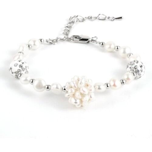 Fashion Women White Pink Purple Freshwater Pearls Beaded Bracelet Natural Pearl Clay Rhinestone Beads Boho Bangle Jewelry