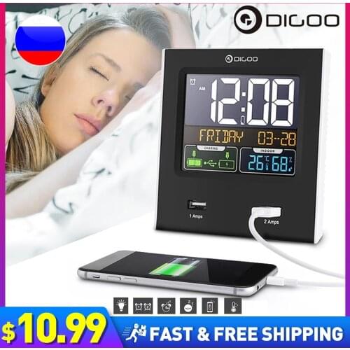 Digoo Digital Weather Station Dual Alarms Snooze Clock Calendar +2 USB Port LED Backlight Temperature Humidity 12hr/24hr DG-C3X
