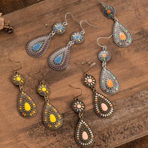 Ethnic Big Long Water Drop Earrings for Women Bohemian Vintage Metal Colorful Flowers Wedding Statement Earring Indian Jewelry