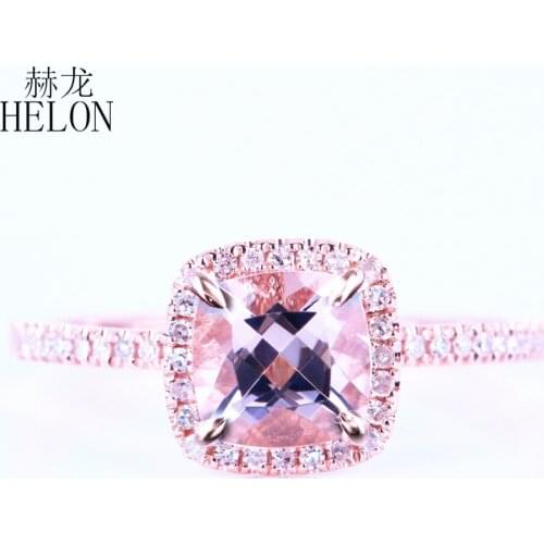 HELON Solid 14K Rose Gold Claw Prongs Flawless 6mm Cushion Genuine morganite Diamond Engagement Ring Women Wedding Fine Jewelry