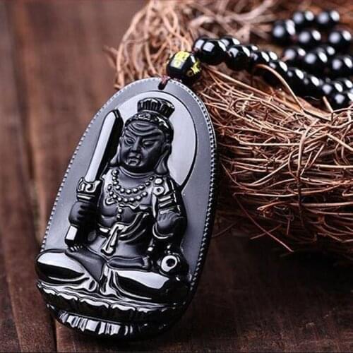 Fine Jewelry Natural Black Obsidian Carved Pusa Lucky Amulet Pendant Jade Necklace Women Men