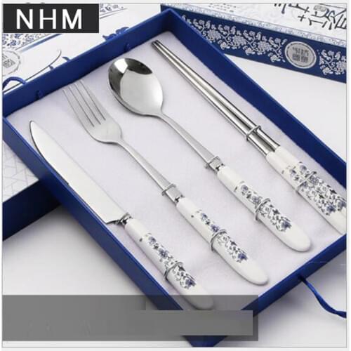 China wind blue and white porcelain tableware gift box ceramic tableware stainless steel knife fork 4 piece set