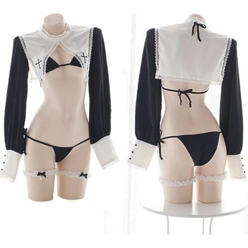 Sweet Lolita Sexy Sleepwear Nun Uniform Long Sleeve Pajamas Sister Lingerie Set Anime Cosplay Underwear Camisoles Wholesale
