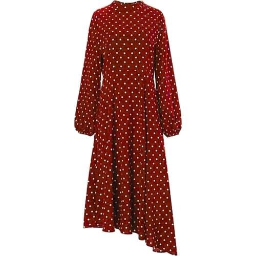 Fashion Women Long Puff Sleeve Irregular Large Hem Polka Dots Party Midi Dress Casual Long Sleeved Dress