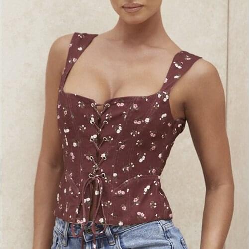 Fashion Women Strappy Flower Square Neck Tops Backless Sleeveless Cute Summer Button Slim Crop Tunic Blouse Loose Top Tank