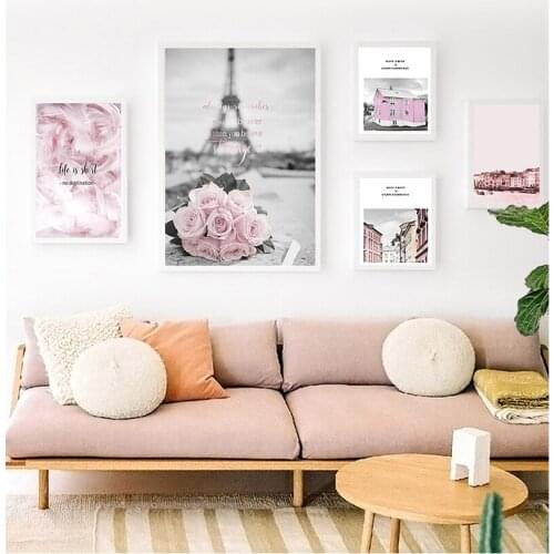 Room Girls Bedroom Wall Art Prints Fashion Home Decor Pink Flower Posters Paris Tower Picture Nordic Canvas Painting for Living