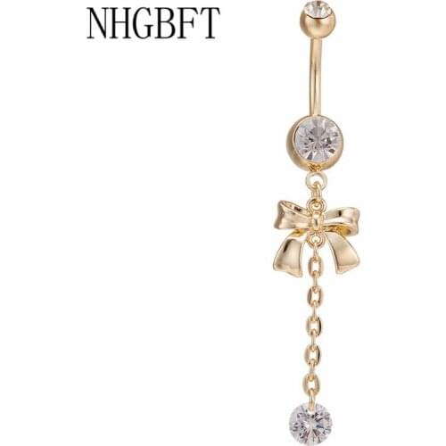 NHGBFT Fringed long bow CZ belly button ring Sexy Body Jewelry Women Reverse Piercing