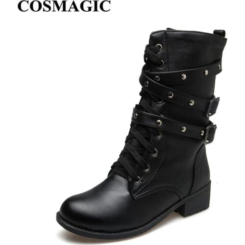 COSMAGIC 2019 New Women Rivets Buckle Winter Motorcycle Boots British Style Gothic Punk Med Heel Black Boot Shoe