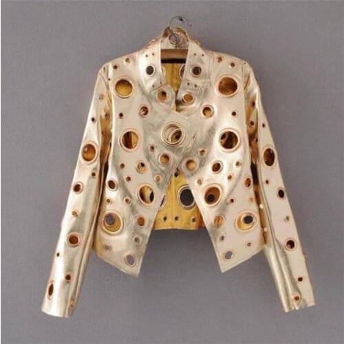 2019 Autumn Winter Women Leather Jacket Motorcycle PU Coat Women Long Sleeve Short Jackets Round Hole Golden Jaqueta