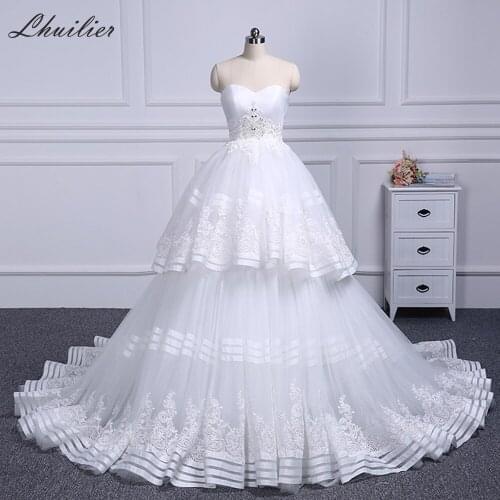 Lhuilier A-line Strapless Wedding Dresses 2020 Rhinestone Beaded Sleeveless Tiered Court Train Tulle Lace Up Bridal Dress