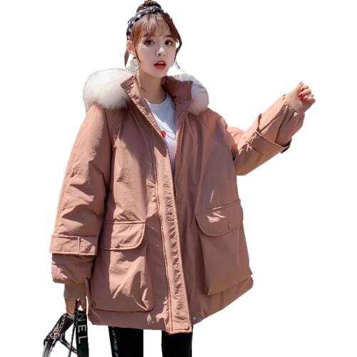 Middle length down cotton padded jacket 2020 new lantern sleeve solid zipper hooded fur collar short thick warm women parka W40