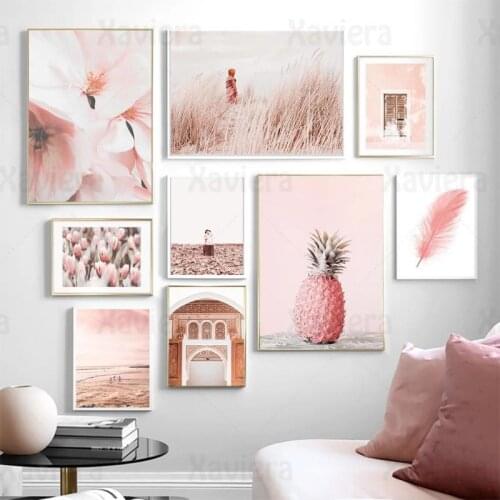 Pink Modern Posters and Prints Pineapple Flower Reed Bush Feather Girl Beach Door Wall Art Canvas Painting Home Decoration Mural