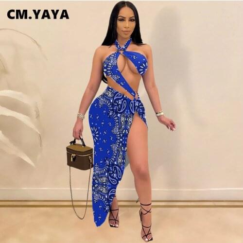 CM.YAYA Bandanna Paisley Print Beach Womens Set Sexy Halter Neck Cut Out Swimwear Bodysuit and High Slit Skirts Swimsuit