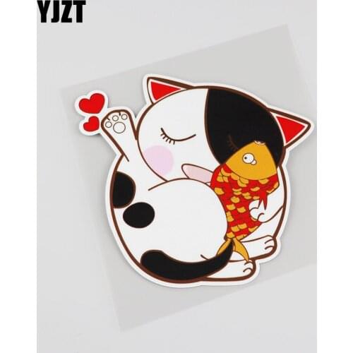 YJZT 12.7CMX13.5CM Interesting Cat And Fish Car Reflective Cartoon Sticker 13B-0044