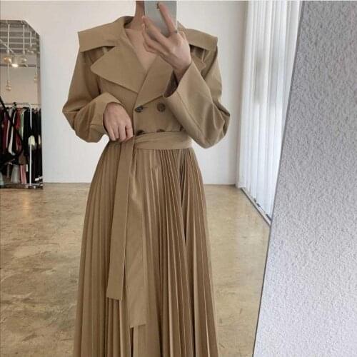 2020 Autumn Double Breasted Simple Classic Long Trench Coat with belt Chic Female windbreaker Pleated Chiffon Splice Coat Woman