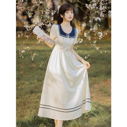 Japanese Preppy Style Women Long Dress Summer Vintage Sailor Collar Loose Casual Retro Mori Girl Dresses Robe Longue Ete Vestido