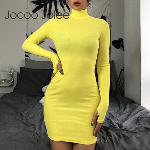 2019 Winter Solid Dress Women Sexy Night Club Bodycon Turtleneck Warm Solid Color Dress Tight buttocks Mini Dress Size S-XL