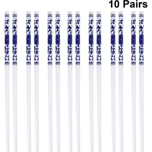 10 Pairs Long Chopsticks Blue and White Porcelain Delicate Chopsticks for Sushi Noodles