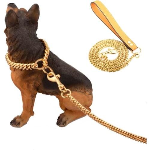 100x1cm Golden Chain Puppy Dog Collar Neck Leashes Leather Handle Stainless Steel Chain Dog Cat Walking Leash Ropes Supplies 10A