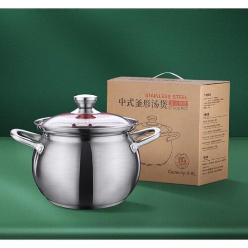 4.8L/5.8L/6.8L 304 Stainless Steel Nonstick Stock Pot Saucepot with Glass Lid Silver Anti-scalding Handle Soup Sauce Cookware