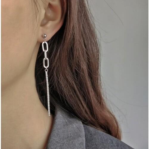 Asymmetrical Irregular Tassel Drop Earrings Mismatched Dangle Earrings Different Chain Earrings With Crystal in 925 Silver