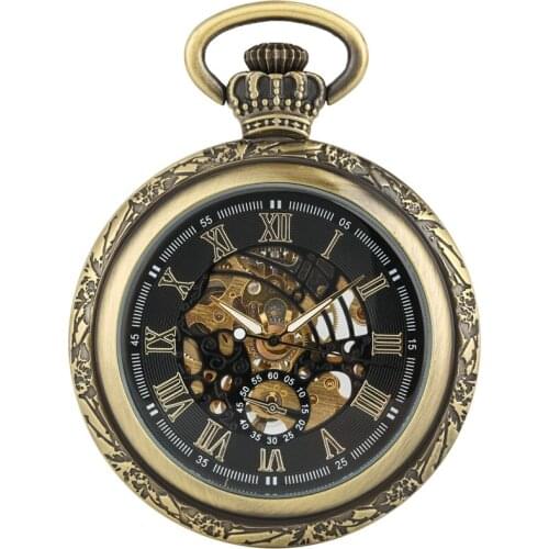 Retro Bronze Antique Steampunk Roman Numerals Display Mechanical Pocket Watch Hand-Winding Pendant Clock Fob Chain Gifts for Men