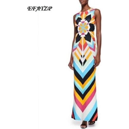 European High Street Fashion Designer Dress Ladies' Sleeveless Charming Geometric Print Luxurious Brands Jersey Silk Maxi Dress