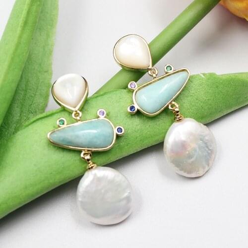 GuaiGuai Jewelry Freshwater White Coin Pearl Aventurine White Shell Dangle Stud Earrings Classic For Lady Women Jewelry