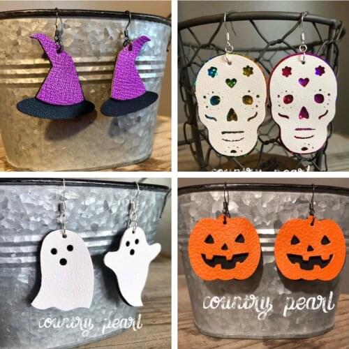 Halloween Earrings Pumpkin Lamp Ghost Skull Hat PU Dangle Leather Earrings for Women Birthday Party Gift Kawaii Earrings Jewelry
