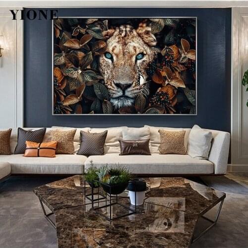 Gold Green Leaves Wild Lion Leopard Face Canvas Painting Modern Jungle Animals Wall Art Picture for Living Room Poster Prints
