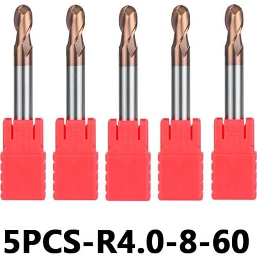 Tungsten Steel Ball Nose End Mills 5pcs/lot R4-8-60 HRC55 With Straight Shank 2-Flute Ball Head Milling Cutters Router Bits