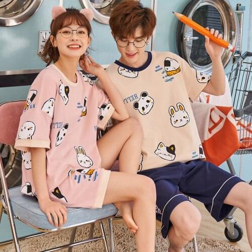 Summer Couple Pajamas Sets Japanese Style O-Neck Short Sleeve Sleepwear Kawaii Cats Cartoon Sweet Girls Homewear Male Nightwear